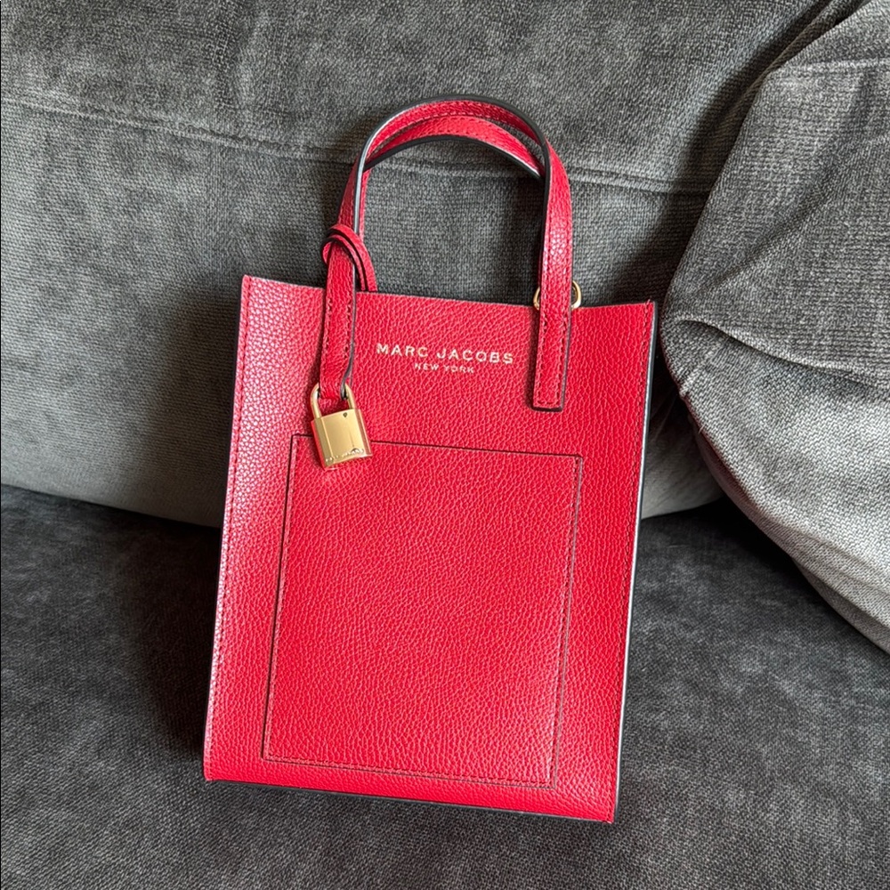Marc Jacobs Red Pebbled Leather Mini Tote with Gold Padlock